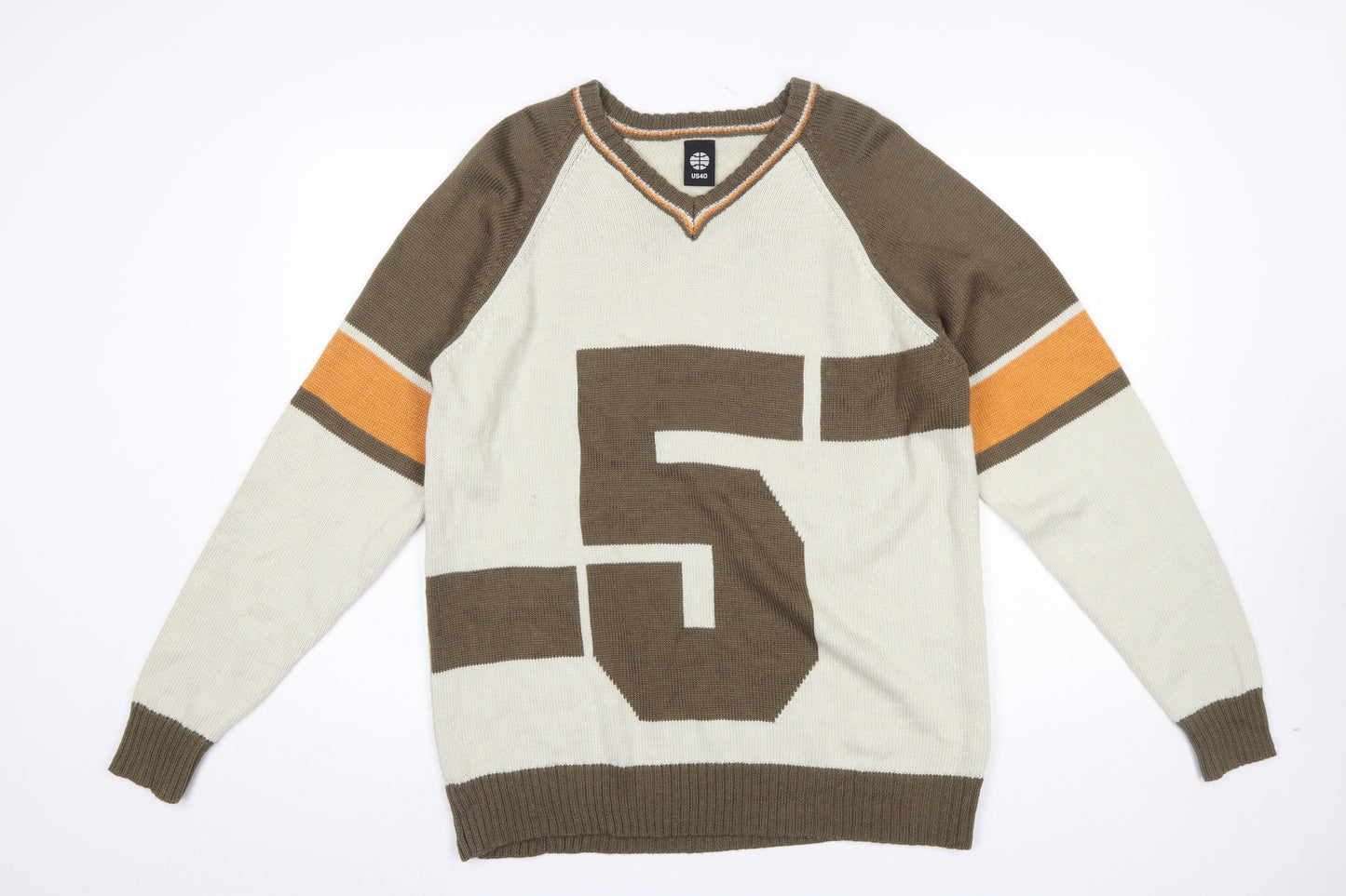 US40 Men’s Beige Brown V-Neck Graphic Pullover Jumper Size L