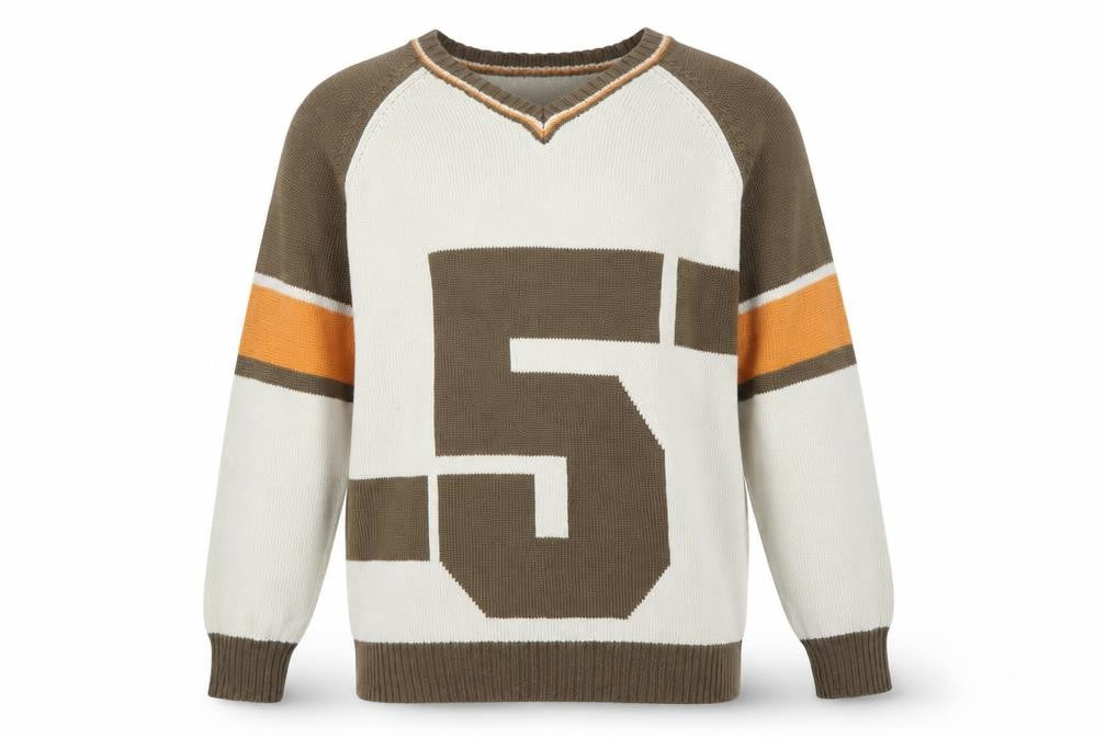 Front view of US40 Men’s Beige Brown V-Neck Graphic jumper, size L