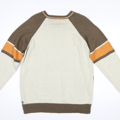US40 Men’s Beige Brown V-Neck Graphic Pullover Jumper Size L