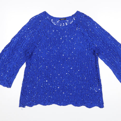 Roman Women Blue Sequin Open-Knit 3/4 Sleeve Pullover Jumper Size 18