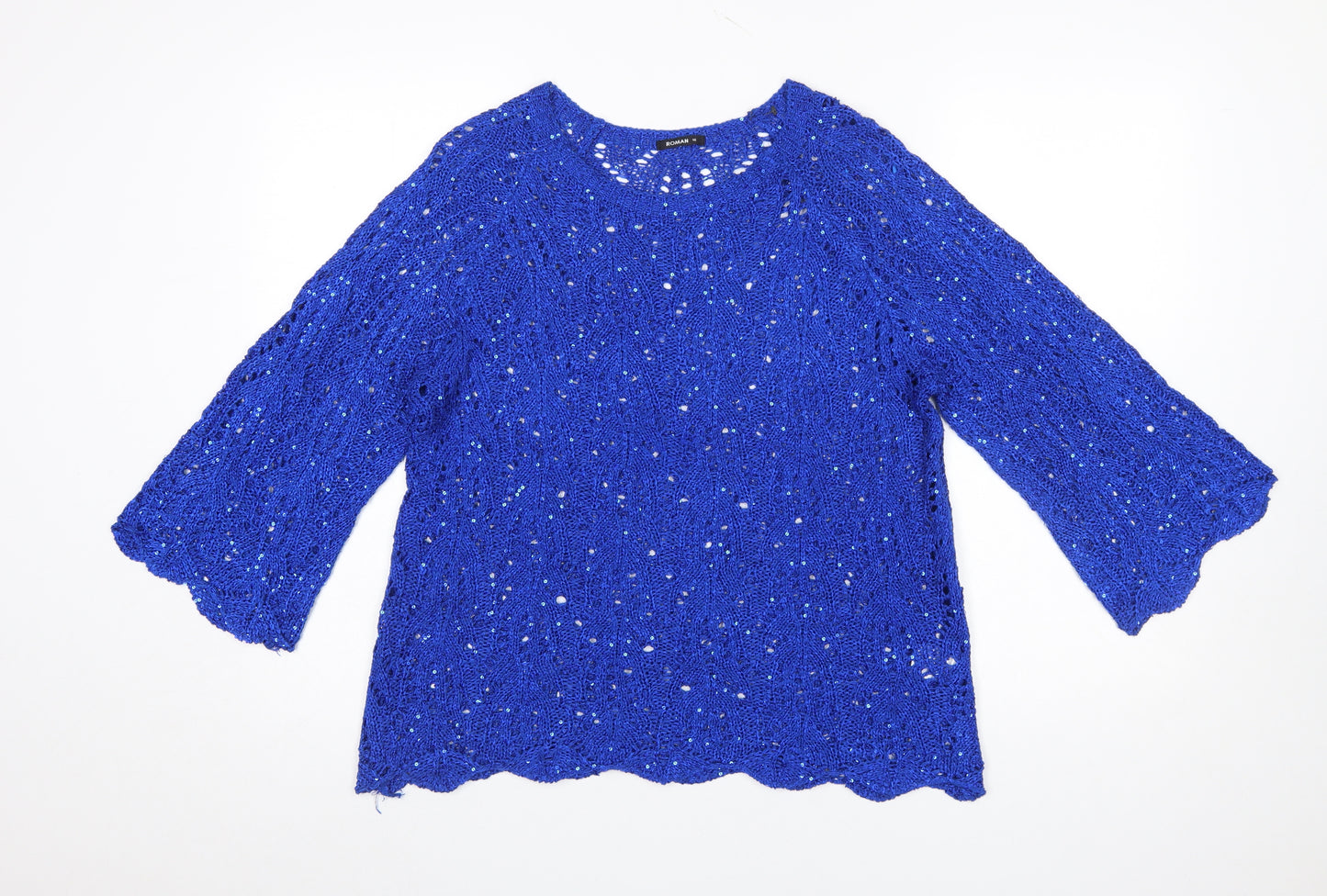 Roman Women Blue Sequin Open-Knit 3/4 Sleeve Pullover Jumper Size 18