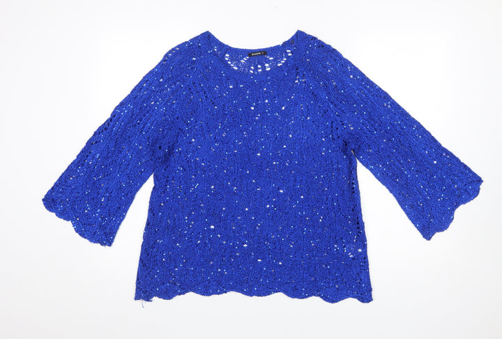 Roman Women Blue Sequin Open-Knit 3/4 Sleeve Pullover Jumper Size 18