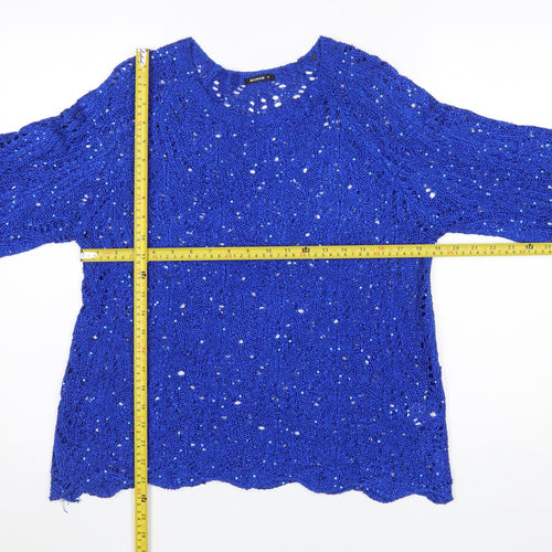 Roman Women Blue Sequin Open-Knit 3/4 Sleeve Pullover Jumper Size 18
