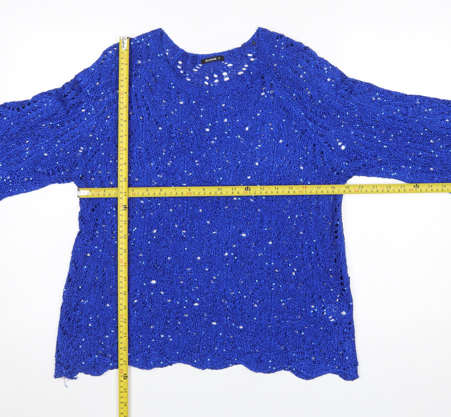 Roman Women Blue Sequin Open-Knit 3/4 Sleeve Pullover Jumper Size 18
