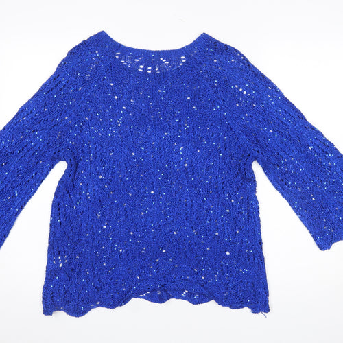 Roman Women Blue Sequin Open-Knit 3/4 Sleeve Pullover Jumper Size 18