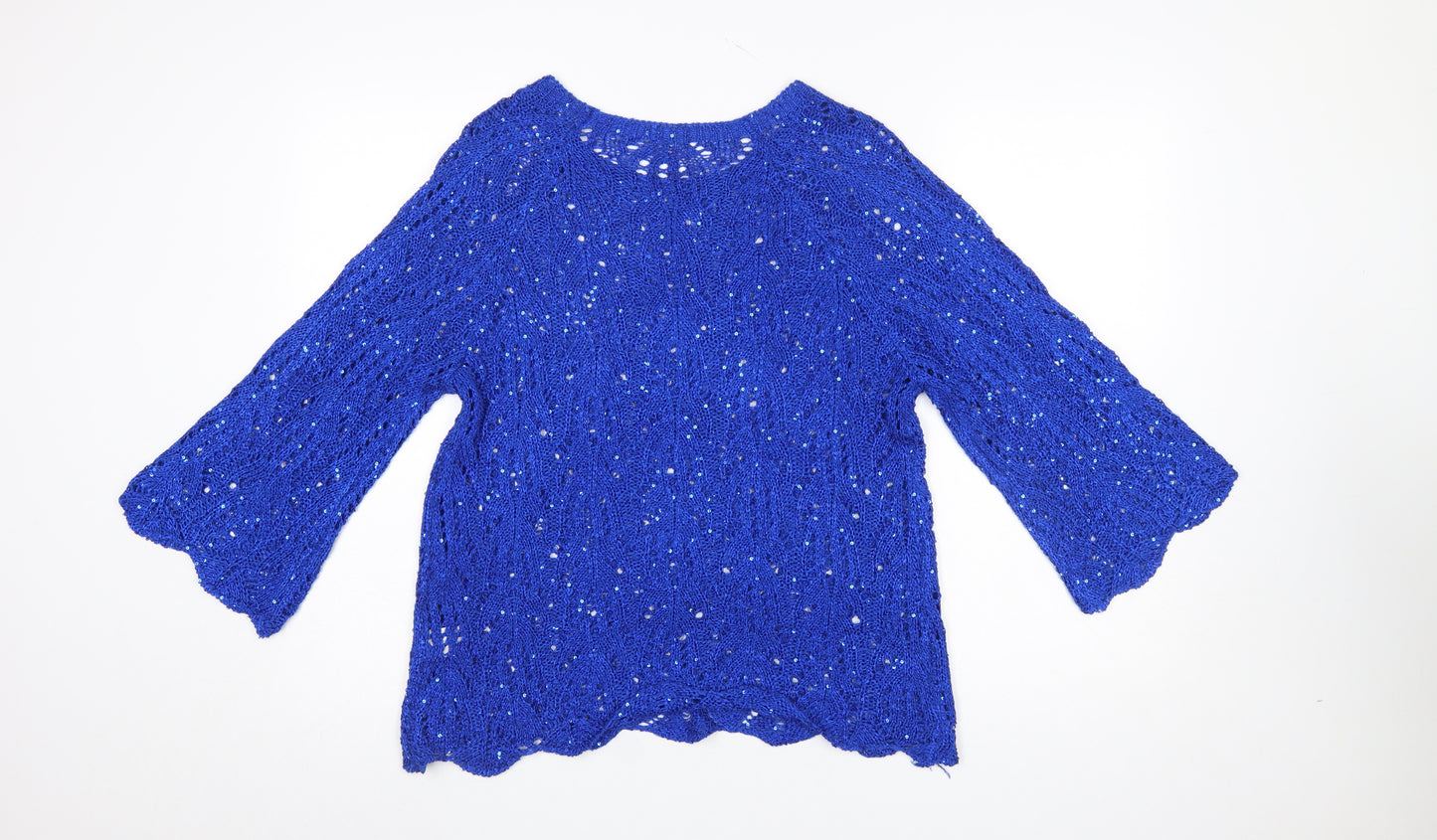 Roman Women Blue Sequin Open-Knit 3/4 Sleeve Pullover Jumper Size 18