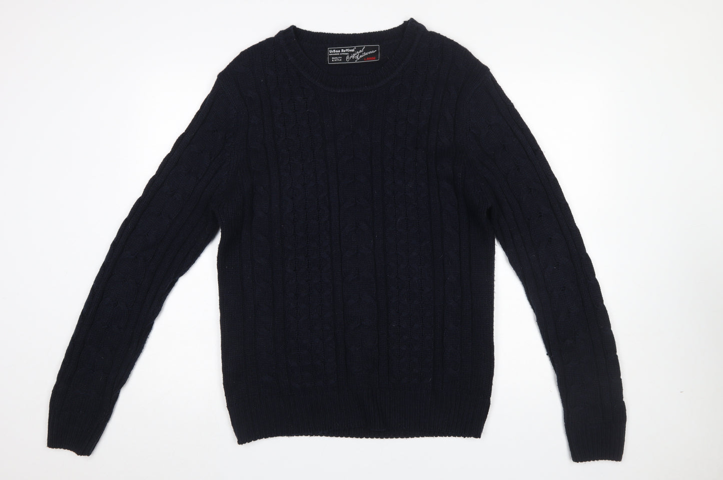 Urban Revival Men’s Black Cable Knit Crew Neck Jumper Size L