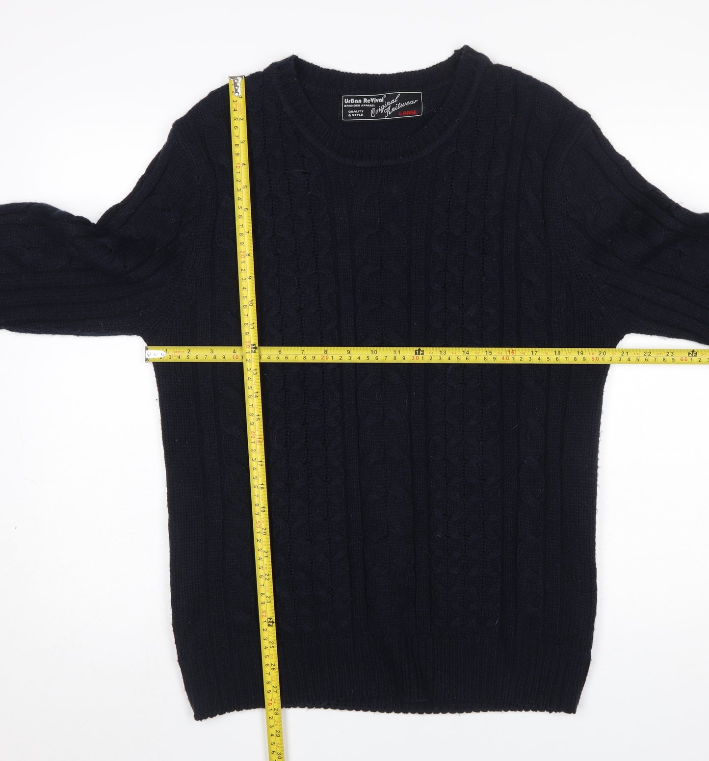 Urban Revival Men’s Black Cable Knit Crew Neck Jumper Size L