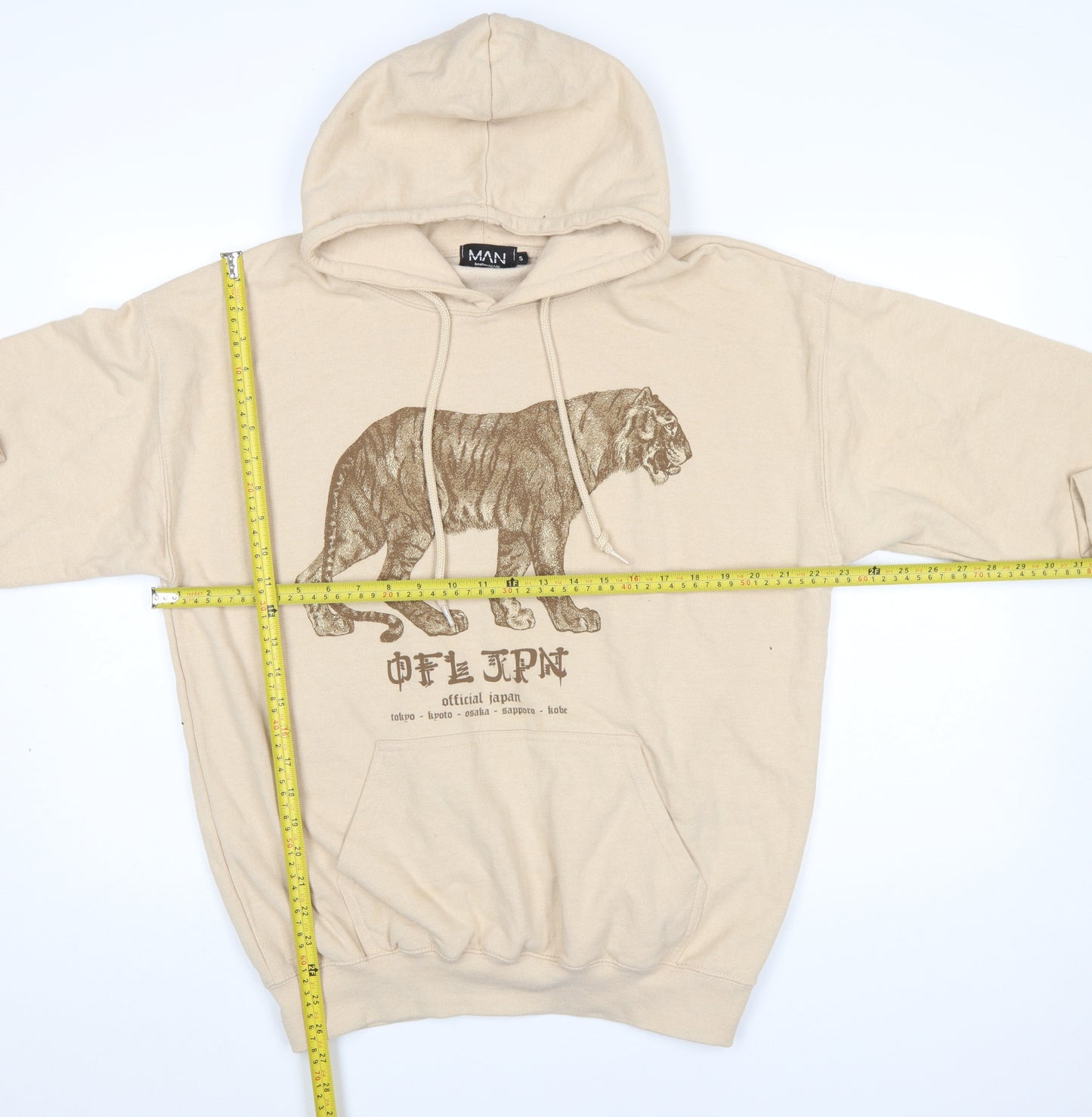 boohooMAN Men's Beige Tiger Graphic Pullover Hoodie Size S