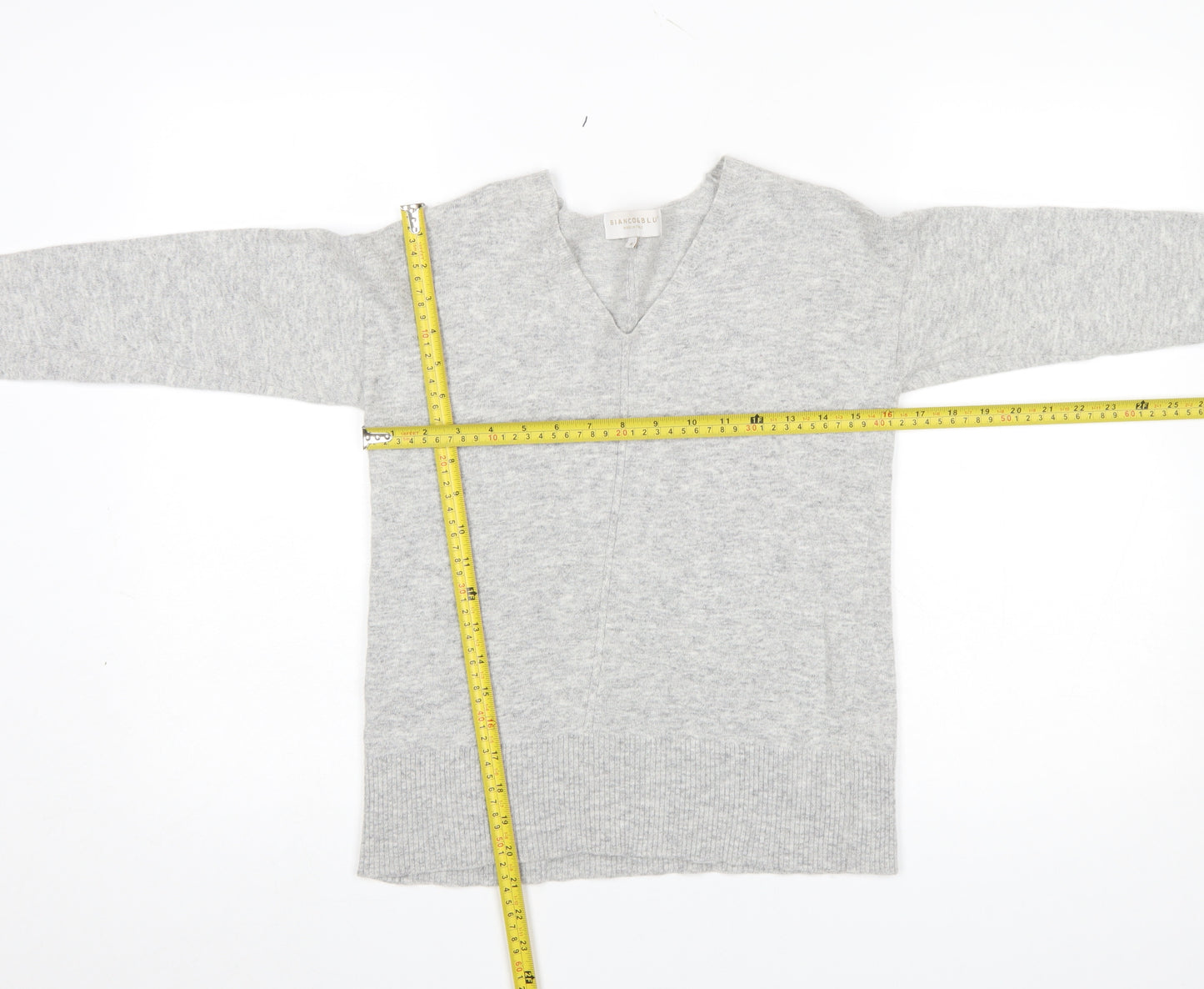 Bianco & Blu Women's Grey Wool Cashmere V-Neck Jumper Size M