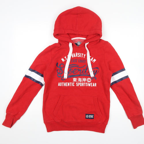 Superdry Women's Red Pullover Hoodie Small Varsity Graphic Sportswear