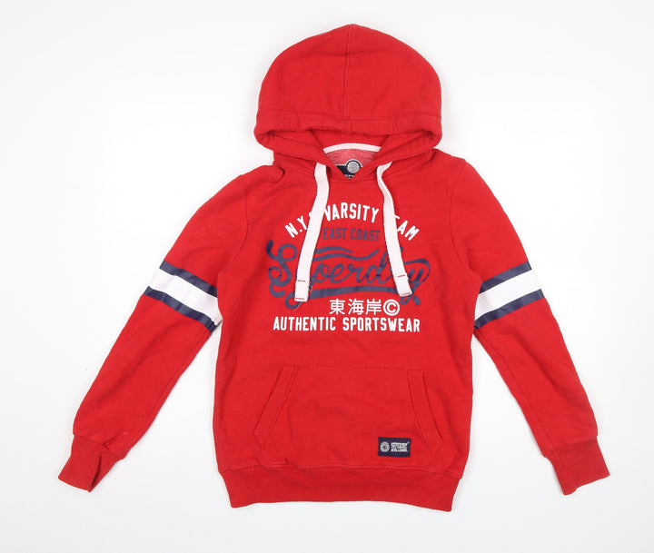 Superdry Women's Red Pullover Hoodie Small Varsity Graphic Sportswear