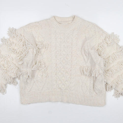 Stradivarius Womens Ivory Fringe Cable-Knit Pullover Jumper Size 12