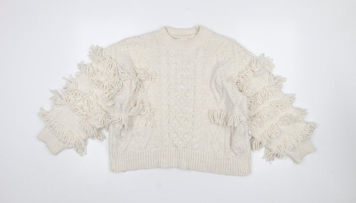 Stradivarius Womens Ivory Fringe Cable-Knit Pullover Jumper Size 12
