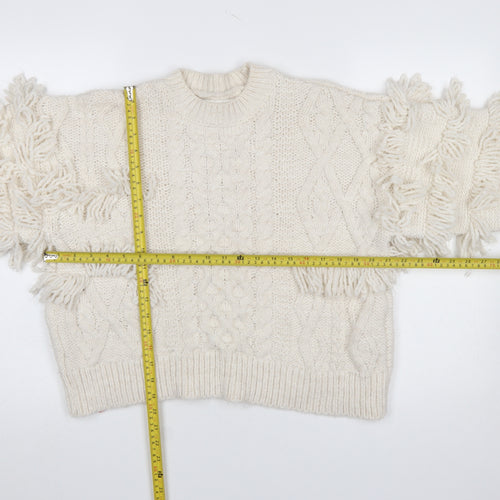 Stradivarius Womens Ivory Fringe Cable-Knit Pullover Jumper Size 12