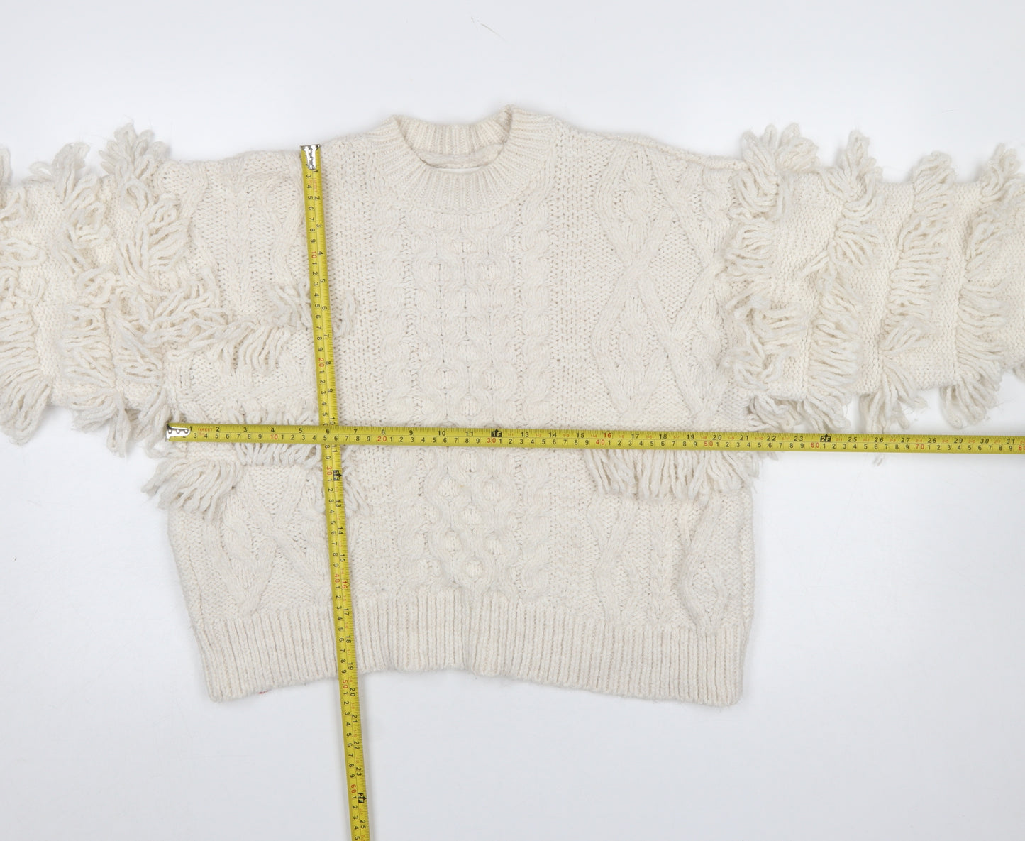 Stradivarius Womens Ivory Fringe Cable-Knit Pullover Jumper Size 12