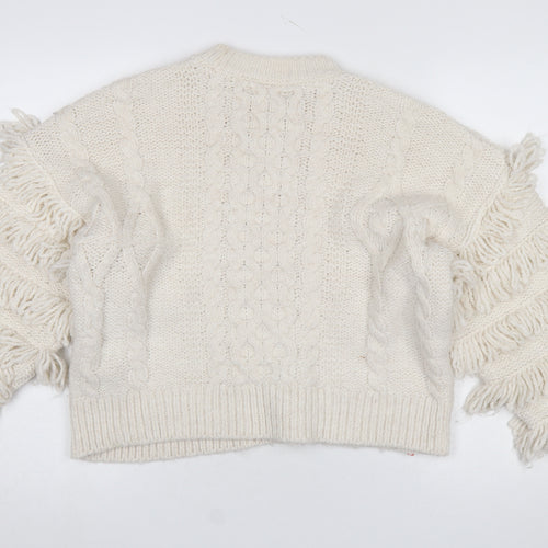 Stradivarius Womens Ivory Fringe Cable-Knit Pullover Jumper Size 12