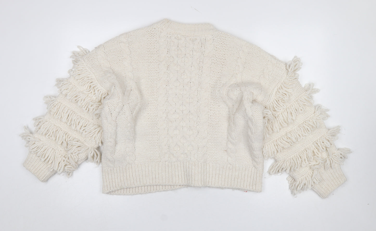 Stradivarius Womens Ivory Fringe Cable-Knit Pullover Jumper Size 12