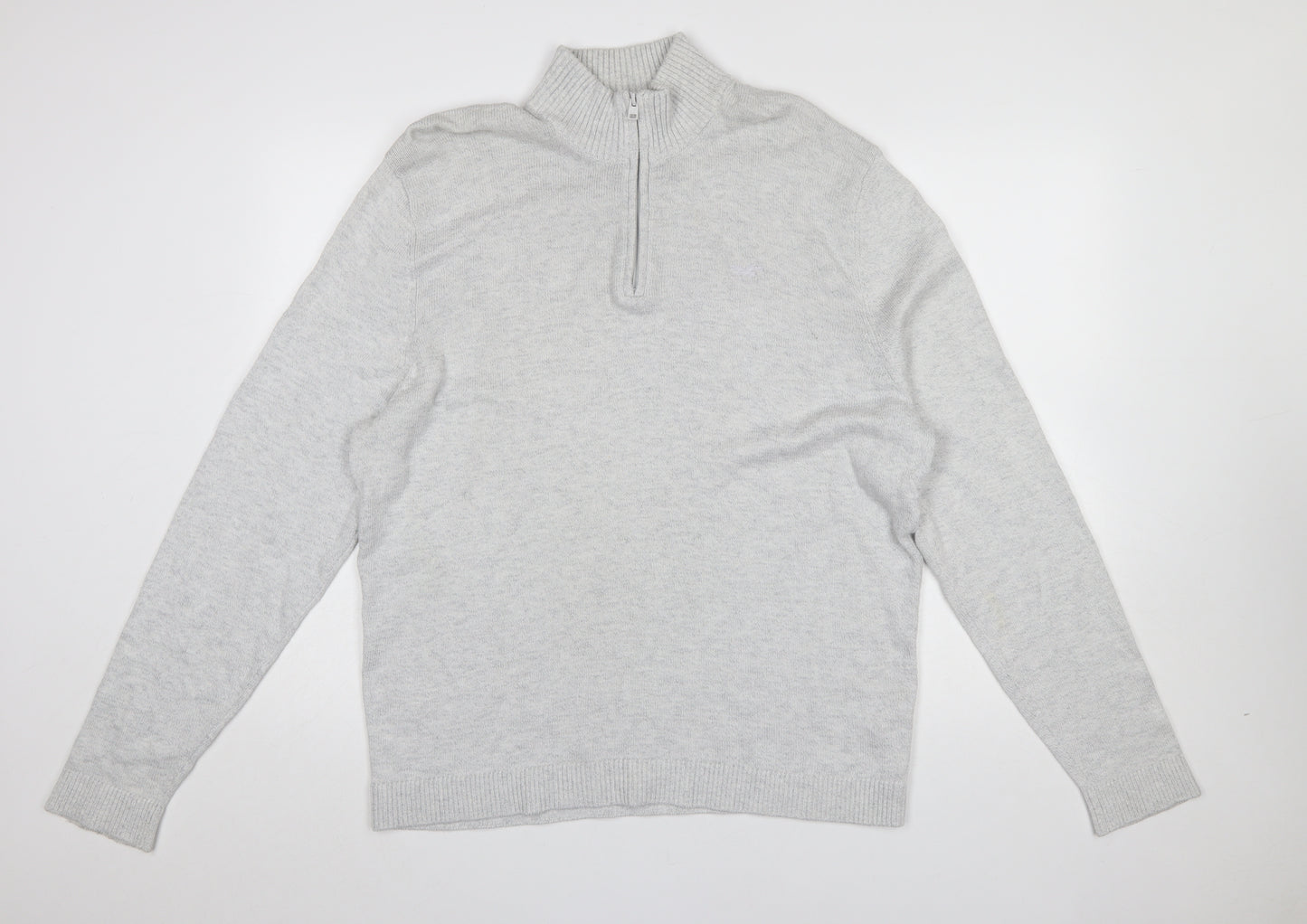 Hollister Men’s Grey 1/4 Zip High Neck Cotton Knit Jumper XL