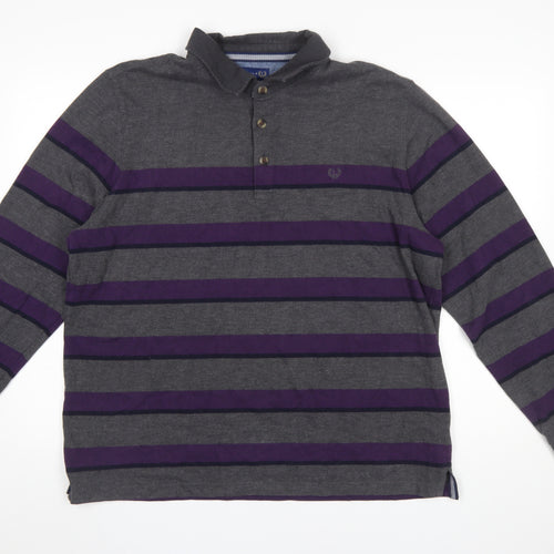 Lincoln Men's Grey Purple Striped Long Sleeve Polo Shirt XL