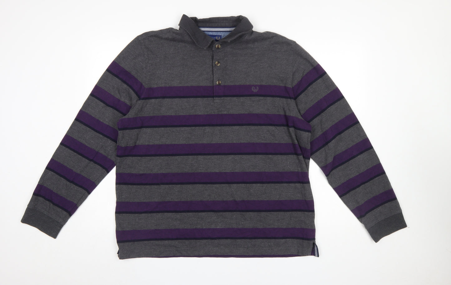 Lincoln Men's Grey Purple Striped Long Sleeve Polo Shirt XL