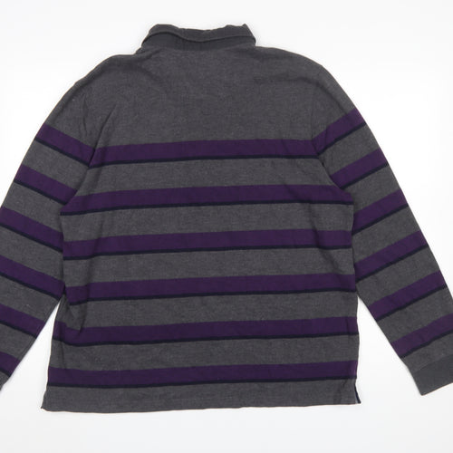 Lincoln Men's Grey Purple Striped Long Sleeve Polo Shirt XL