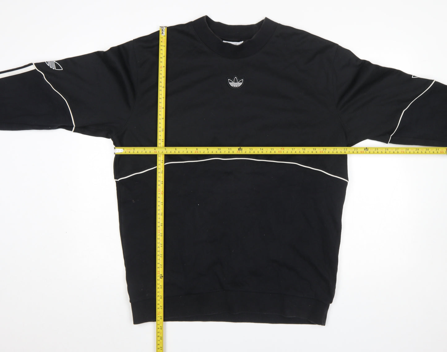 Adidas Mens Black Large Crew Neck Pullover Sweatshirt with White Trim