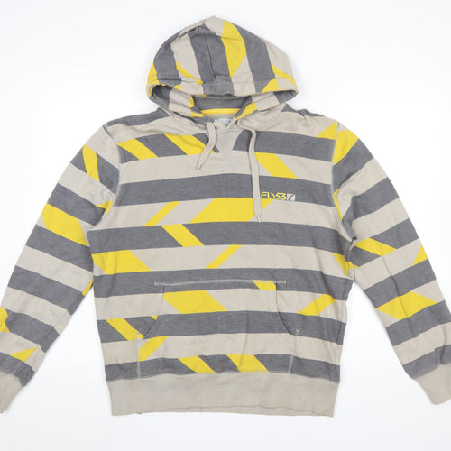 FLY53 Mens Grey Yellow Striped Pullover Hoodie Size M