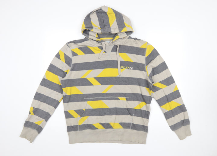 FLY53 Mens Grey Yellow Striped Pullover Hoodie Size M