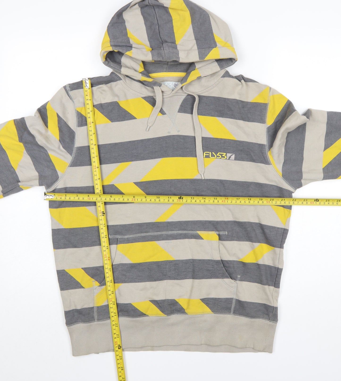 FLY53 Mens Grey Yellow Striped Pullover Hoodie Size M