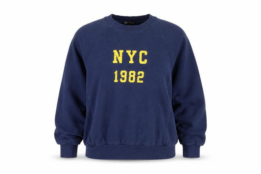 Front view of Zara Women Navy Blue NYC 1982 Pullover Sweatshirt, size S