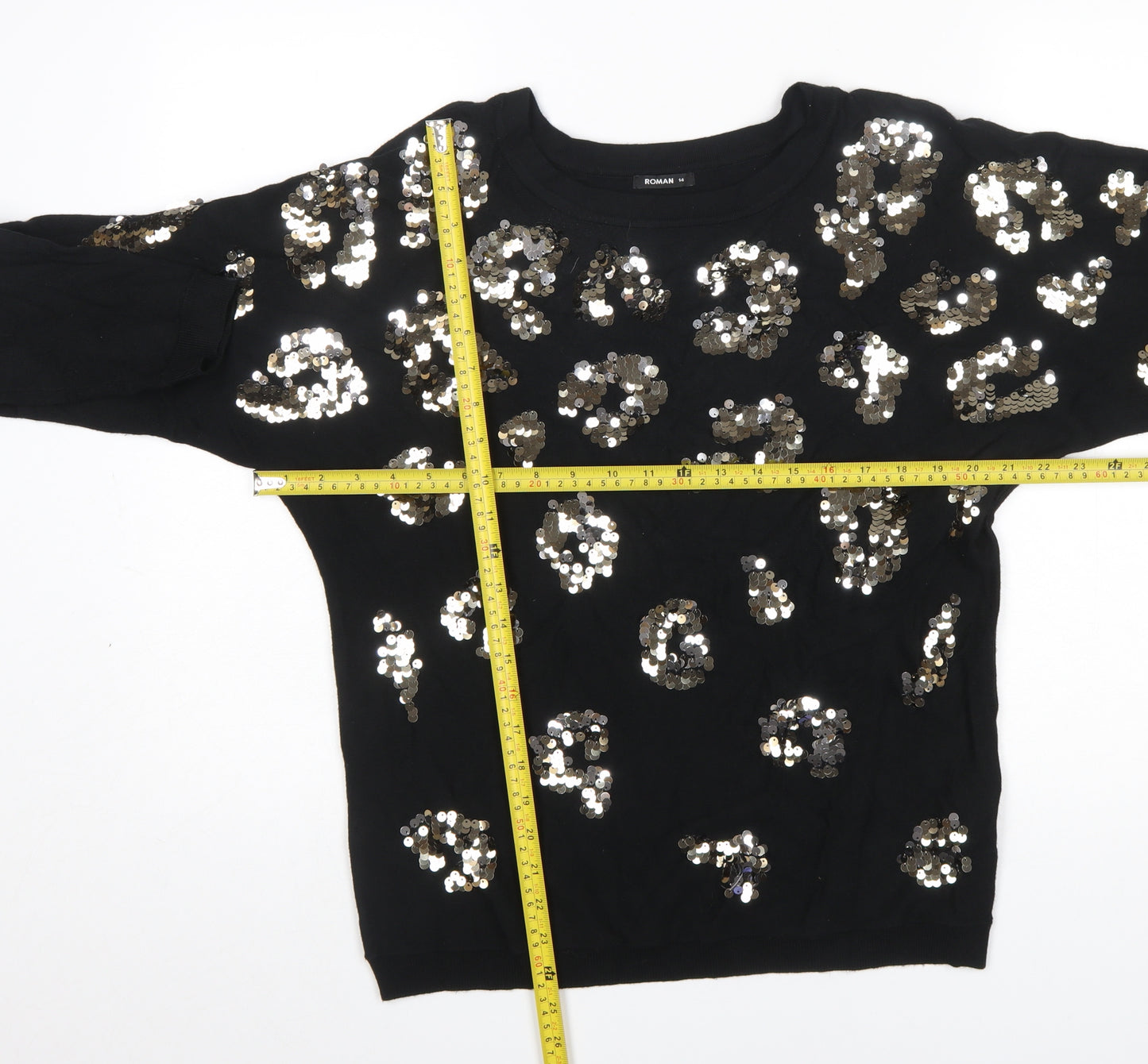 Roman Women’s Black Sequin Animal Print Pullover Jumper Size 14