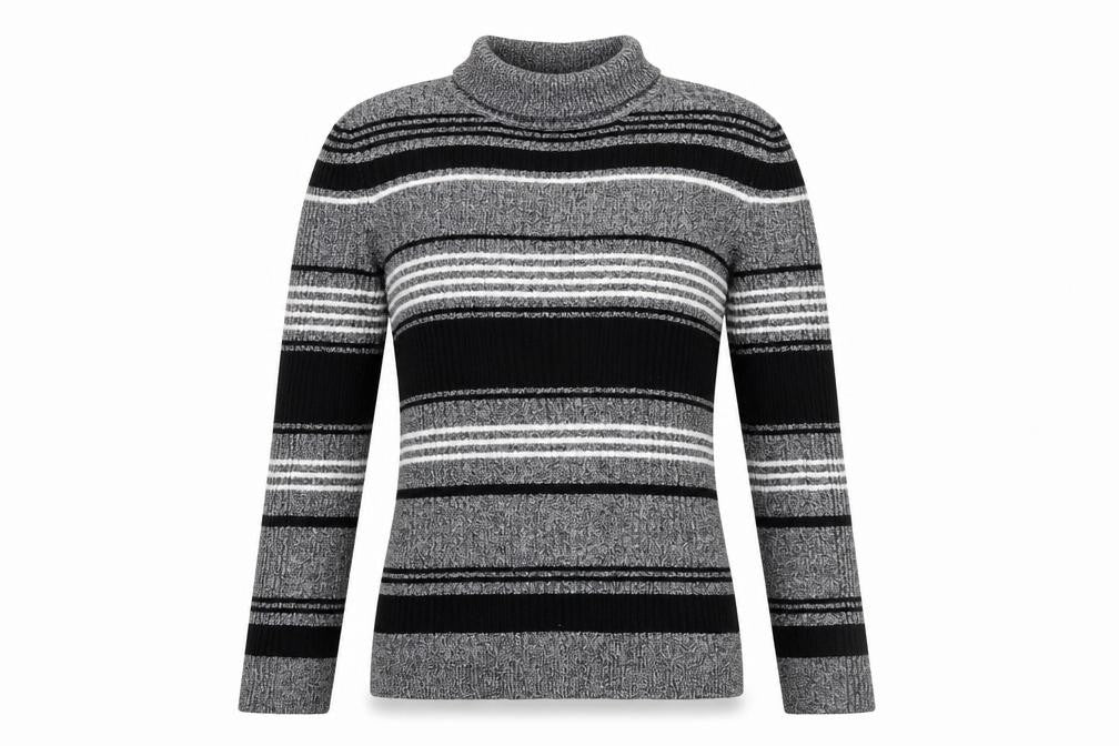 Front view of Red Herring Women’s Grey Striped Roll Neck Jumper, size UK 12