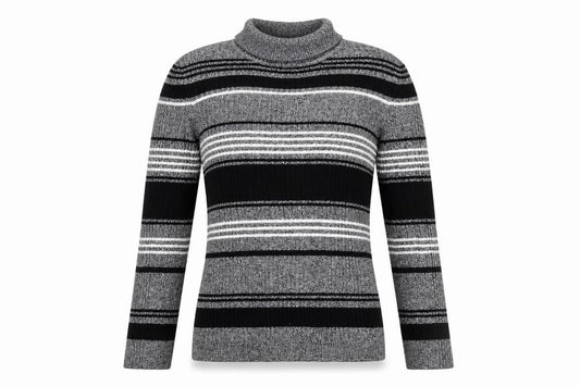 Front view of Red Herring Women’s Grey Striped Roll Neck Jumper, size UK 12