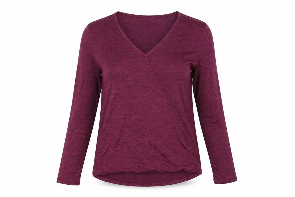 Front view of Gap Women's Purple Wrap V-Neck Long Sleeve Jersey Top, size S