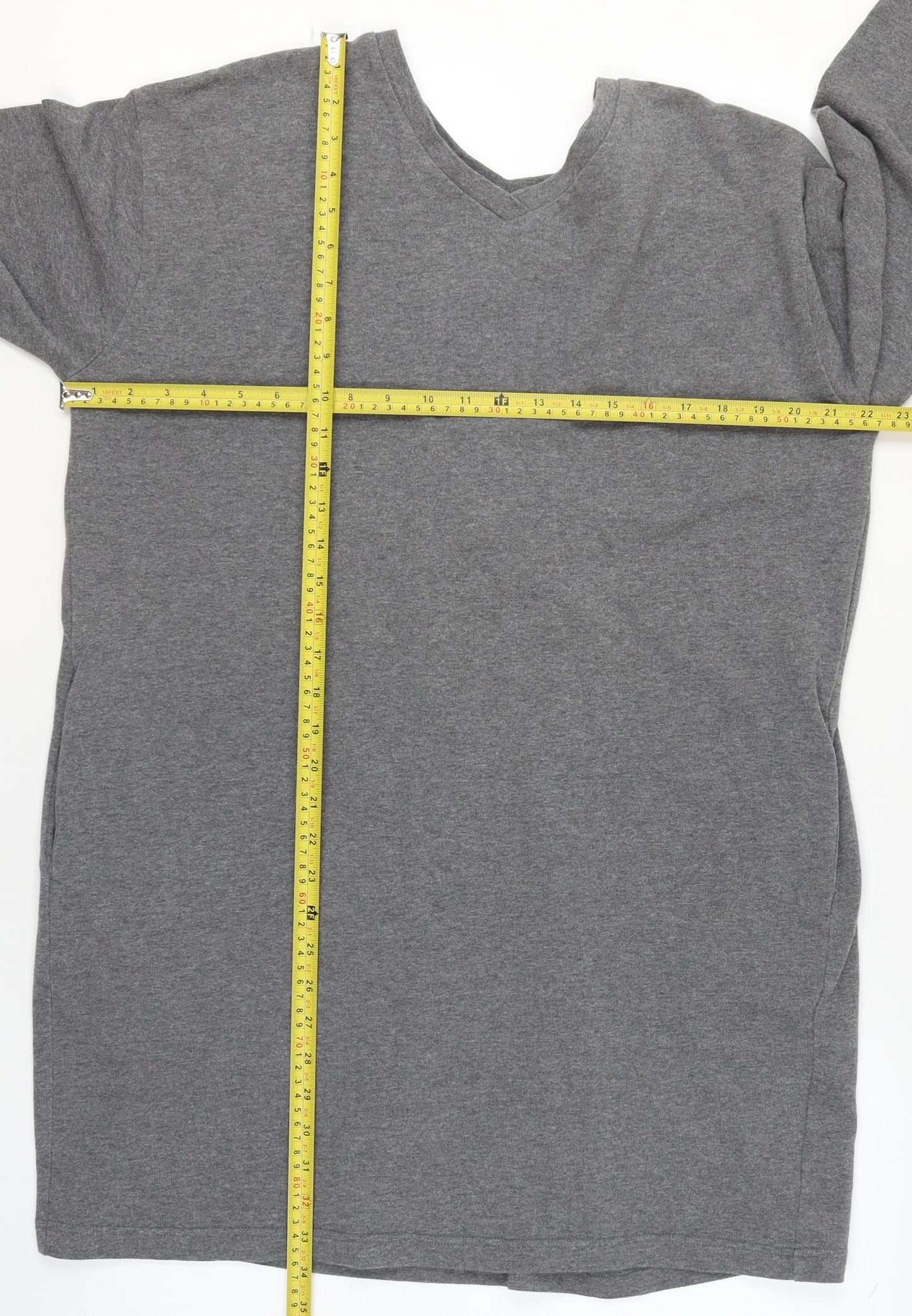 Lowrys Farm Women Grey M T-Shirt Dress V-Neck 3/4 Sleeve Lace Up