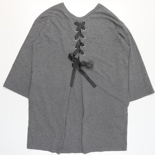 Lowrys Farm Women Grey M T-Shirt Dress V-Neck 3/4 Sleeve Lace Up
