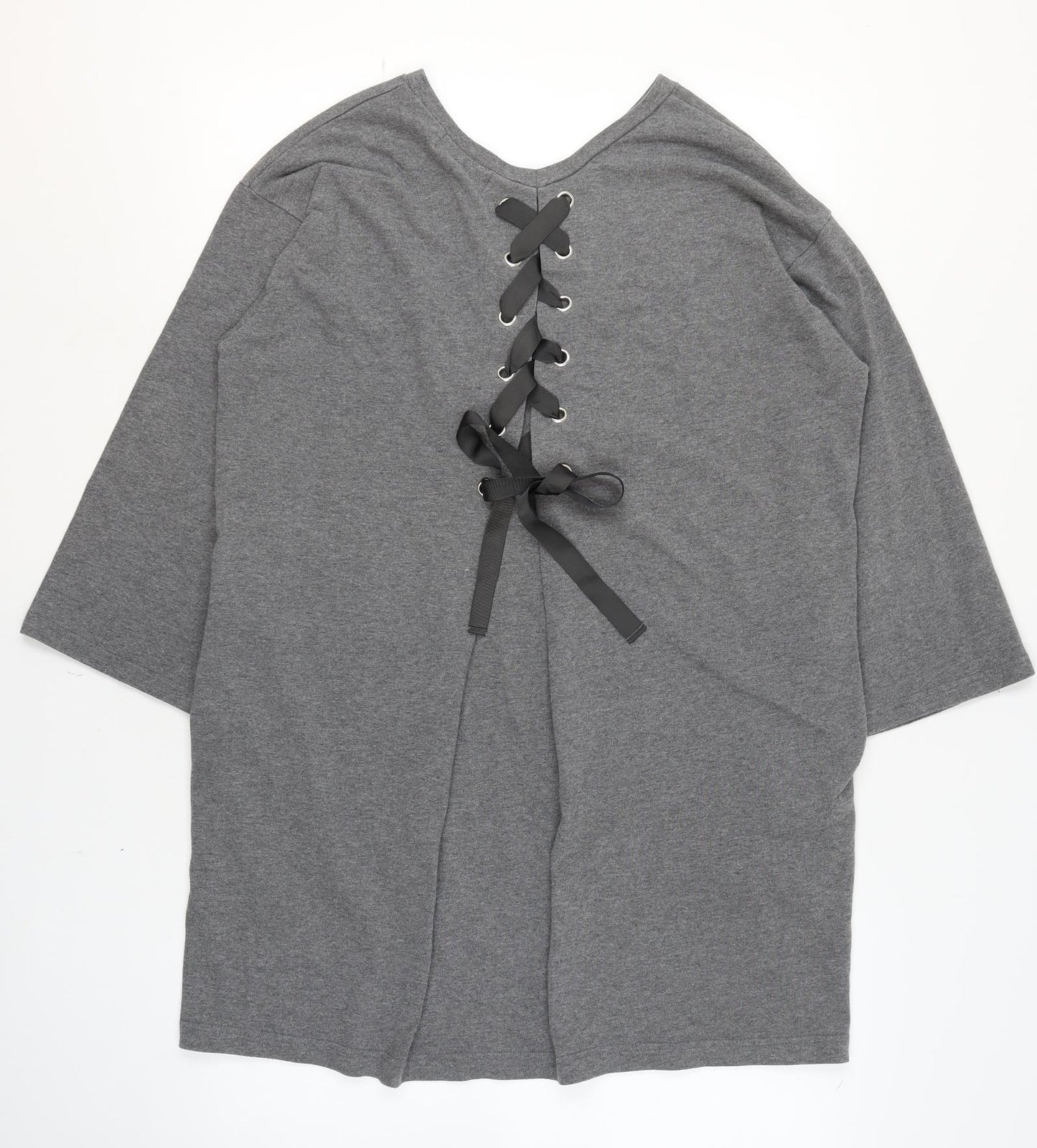 Lowrys Farm Women Grey M T-Shirt Dress V-Neck 3/4 Sleeve Lace Up