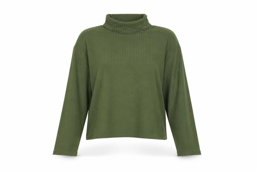 Front view of H&M Divided Women's Green Roll Neck Long Sleeve Jersey Top Medium