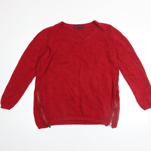 Marks and Spencer Women Red V-Neck Cotton Zip Jumper Size 12