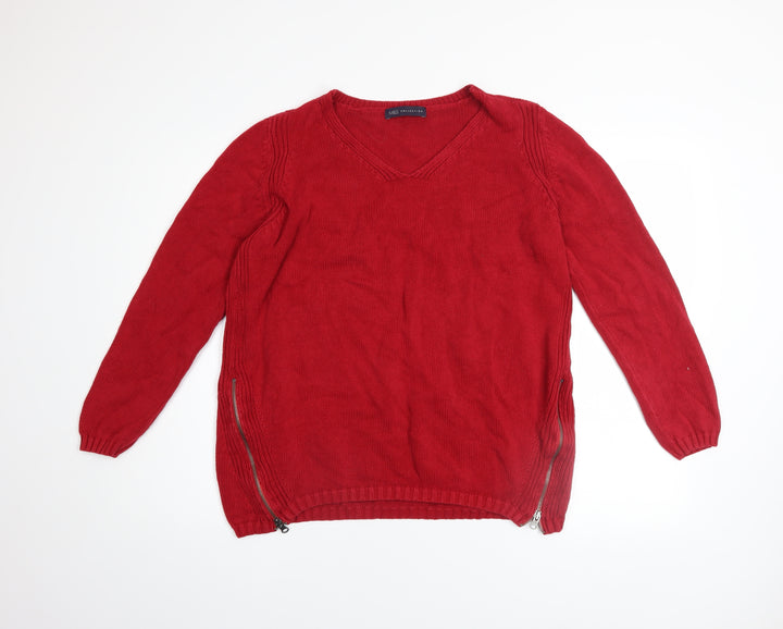 Marks and Spencer Women Red V-Neck Cotton Zip Jumper Size 12