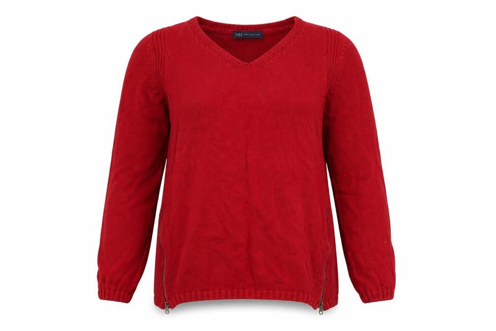 Marks and Spencer Women Red V-Neck Cotton Zip Jumper Size 12