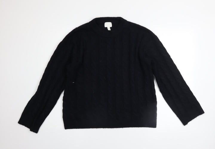 H&M Women Black Cable-Knit Jumper Size 8 Crew Neck Long Sleeve