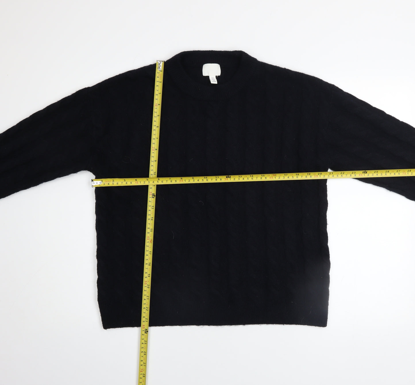 H&M Women Black Cable-Knit Jumper Size 8 Crew Neck Long Sleeve