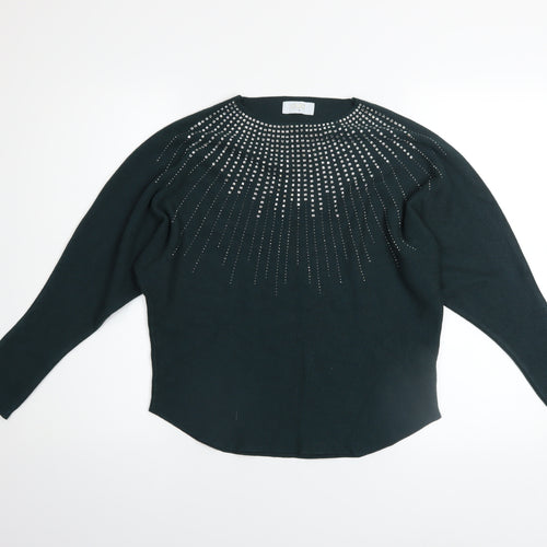 Quiz Women Green Rhinestone Long Sleeve Crew Neck Pullover Jumper Size M