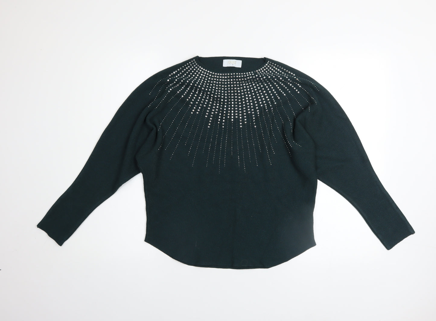 Quiz Women Green Rhinestone Long Sleeve Crew Neck Pullover Jumper Size M