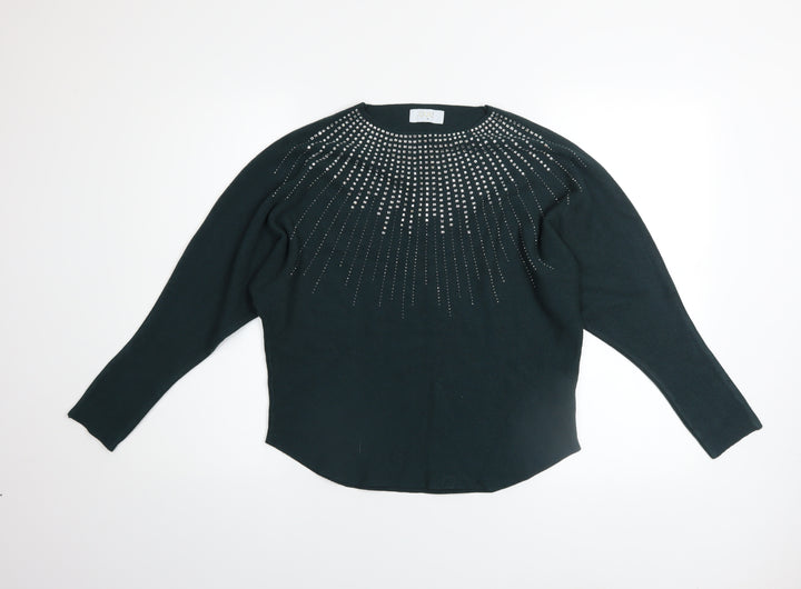 Quiz Women Green Rhinestone Long Sleeve Crew Neck Pullover Jumper Size M