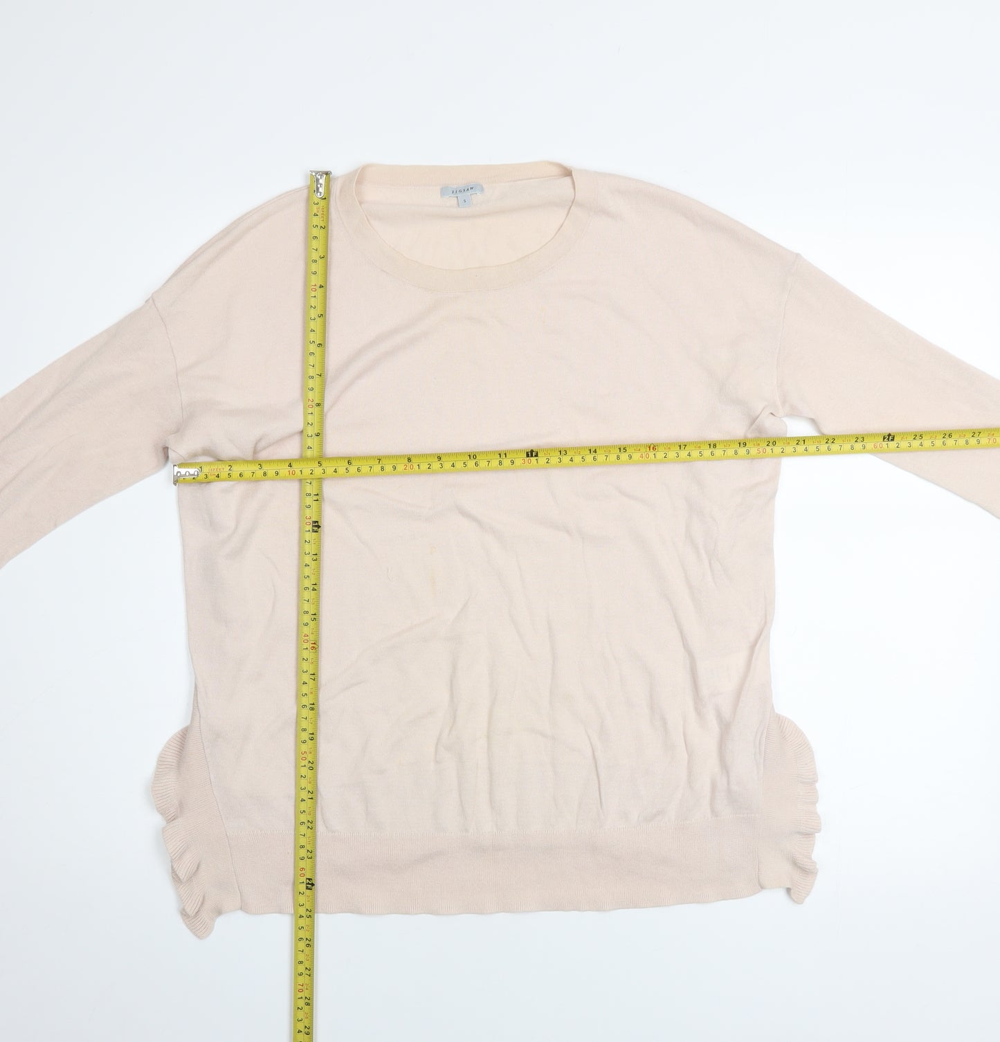 Jigsaw Women’s Beige Cotton Crew Neck Ruffle Hem Jumper Size S