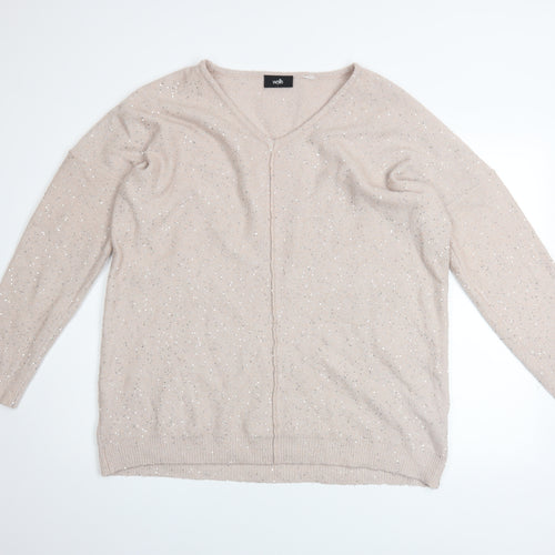 Wallis Womens Beige Sequin V-Neck Long Sleeve Pullover Jumper L