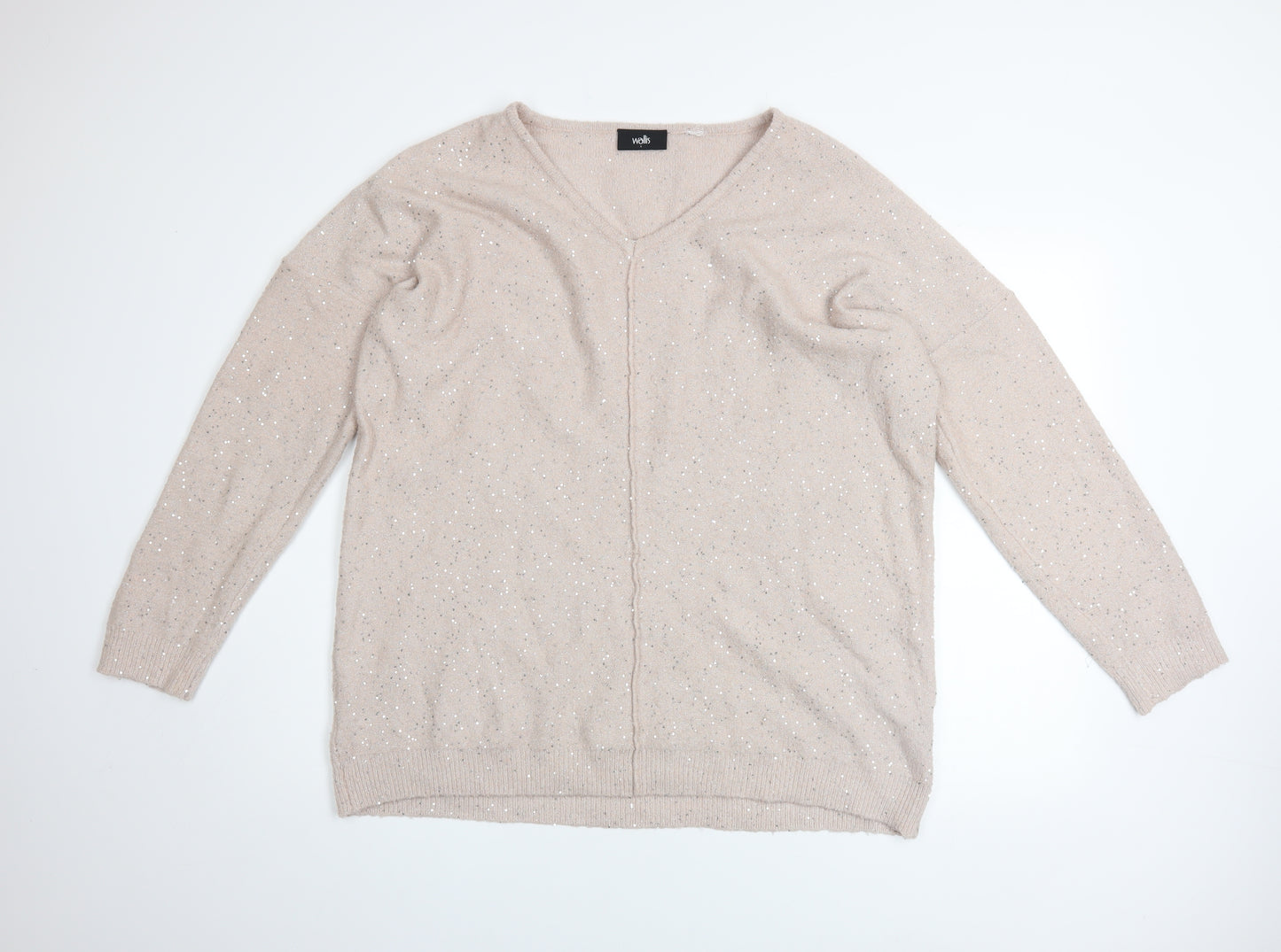 Wallis Womens Beige Sequin V-Neck Long Sleeve Pullover Jumper L